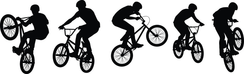 Naklejka premium Set of black silhouettes of a professional BMX rider performing various stunts, jumping, wheelie, and freestyle tricks on white background