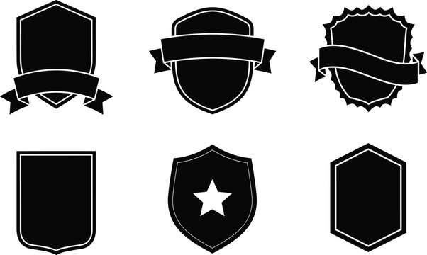 Set of blank black shield silhouettes with ribbons and stars for logo design, crest emblems, security badges, and heraldic vector icons.