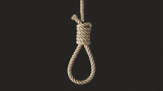 A hangman's noose made of thick rope against a dark, plain background.