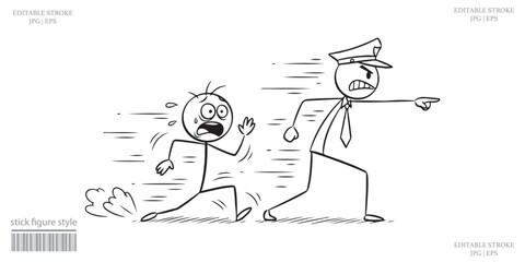Stick Figure Cartoon Police Officer Chasing Fleeing Criminal