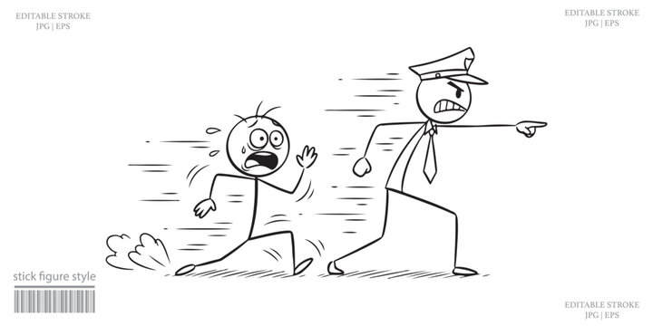 Stick Figure Cartoon Police Officer Chasing Fleeing Criminal