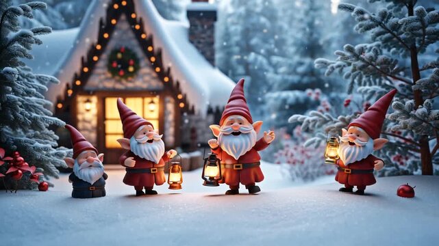 Cute cartoon gnomes with lanterns near a house in the winter forest