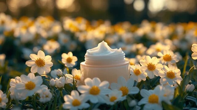 A jar of creamy goodness sits amidst blooming flowers, perfect for a rustic or vintage-themed setting