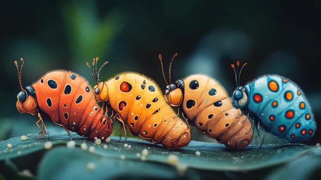 A group of vibrant insects gathers on a leaf, great for s and educational materials