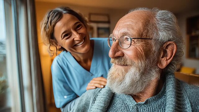 A heartwarming scene depicting a granddaughter and her grandfather sharing a joyful moment, ideal for illustrating family bonds, caregiving, or interg