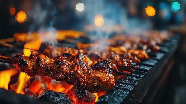 A vibrant and tempting close-up of meat skewers grilling over an open flame. This image evokes feelings of enjoyment and is perfect for food blogs, re