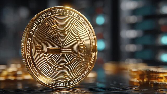 A close-up of a golden Bitcoin coin resting atop a stack of coins, reflecting a blurred cityscape backdrop. It evokes feelings of financial innovation