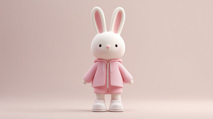 Obraz premium Cute 3D rabbit in pink textured hoodie and sneakers on pastel background; minimalist toy character design with plenty of space for text.