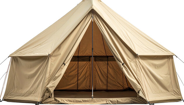 Beige canvas tent with open doorway, set up outdoors, showcasing a glimpse of interior