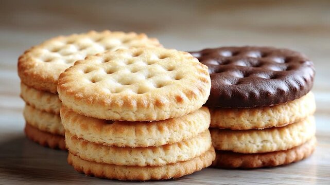 A close-up view of a stack of sweet cookies topped with rich chocolate frosting, perfect for snacking or decorating