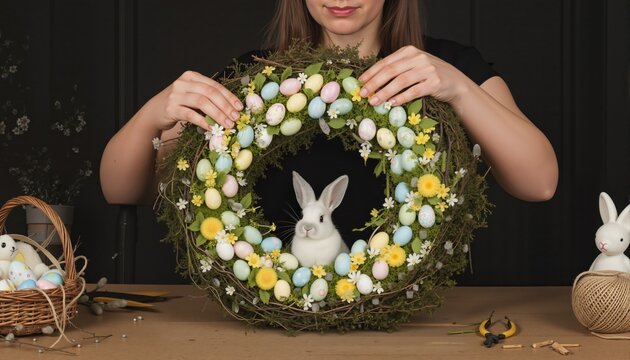Woman holds a handmade Easter wreath with a cute white bunny peeking through the center.