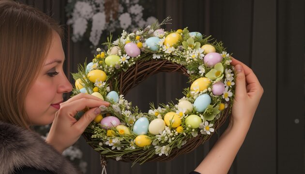 Woman holding a handmade Easter wreath with pastel eggs and spring flowers
