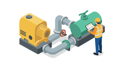 Naklejka premium Industrial engineer inspecting pipeline machinery in isometric design