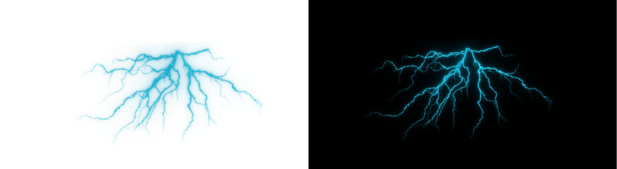 PNG image of blue lightning bolt on black and white background. Realistic thunder flash, electric storm strike, and high voltage energy overlay. © MariaAlam