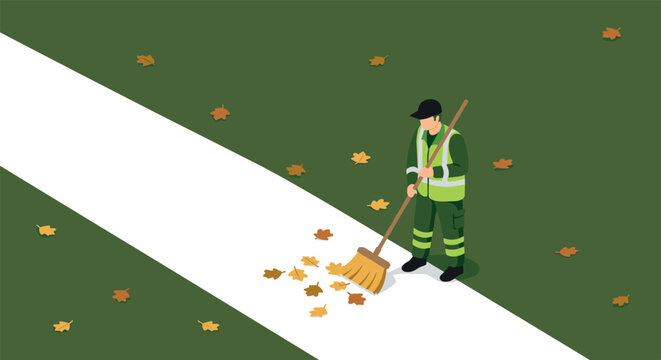 Isometric cleanup: worker sweeping autumn leaves on green path