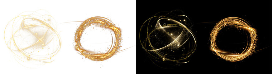 PNG image of Abstract glowing golden light trails and sparkling particle rings forming dynamic circular shapes on transparent background © MariaAlam