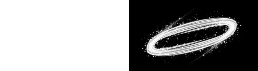 PNG image of white glowing light ring on transparent background. Silver magic circle with sparkles, neon swirl trail, and star dust. © MariaAlam