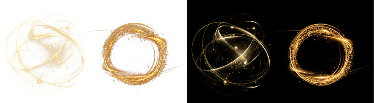 PNG image of&nbsp;Abstract glowing golden light trails and sparkling particle rings forming dynamic circular shapes on transparent background