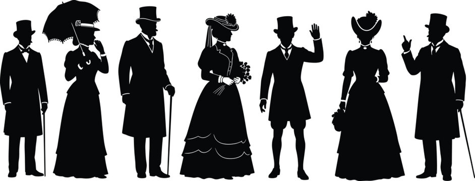 Victorian era silhouettes of elegant men and women in vintage fashion with top hats parasols canes and long dresses isolated