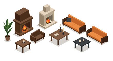 Fototapeta premium Cozy isometric living room set with fireplaces and furniture elements