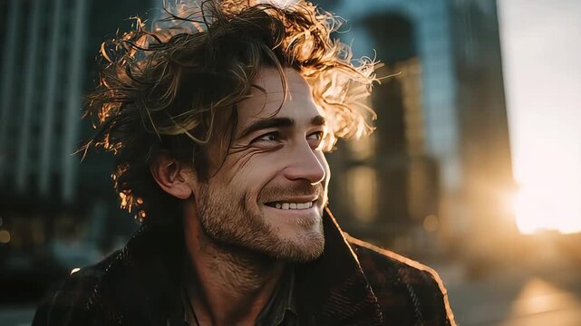 A cheerful portrait of a man with tousled hair, basking in the warm glow of the setting sun in a cityscape. Ideal for representing positivity, wellbei