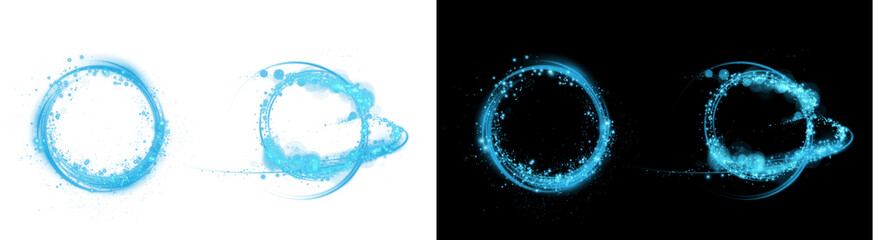 PNG image of&nbsp;Two glowing cyan light trails forming magical swirling circles with bright particle effects on transparent background