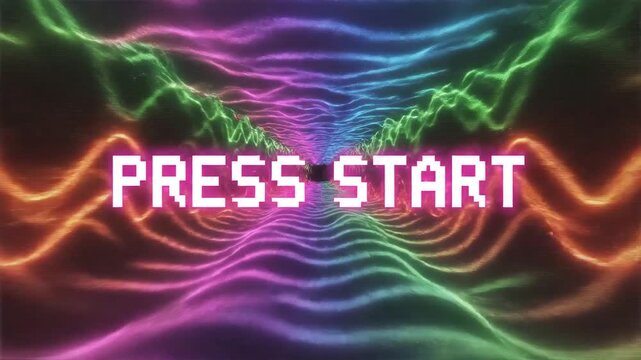 Retro 80s arcade game screen with vibrant neon wave tunnel and pixelated PRESS START text evoking nostalgia and gaming excitement.