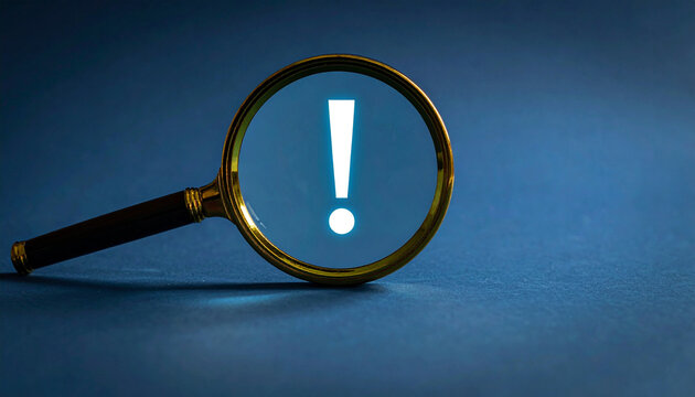 Magnifying glass highlighting a glowing exclamation mark on dark blue background, copy space. Warning, attention, alert, risk detection and problem identification. Minimal business and cybersecurity.