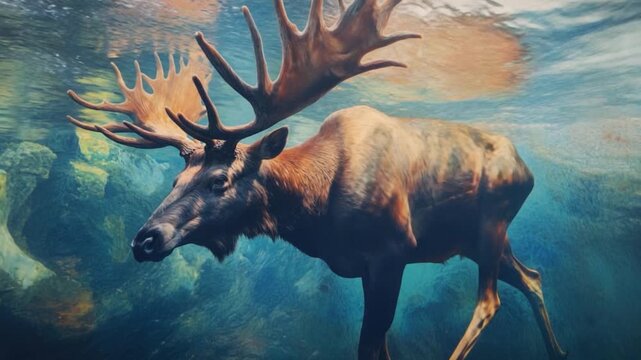 A majestic moose swimming in calm lake waters