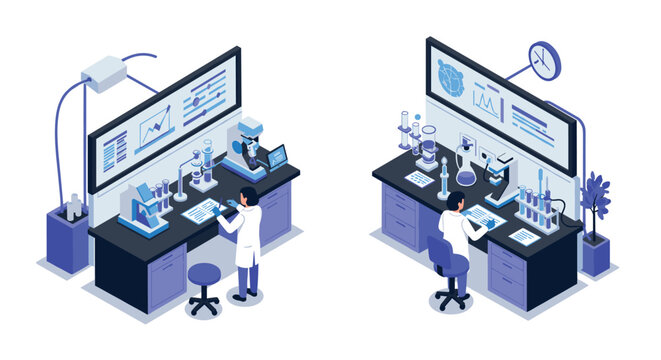 Isometric lab environment with scientists and high-tech equipment in modern research facility