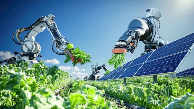 A robot picks lettuce from a field