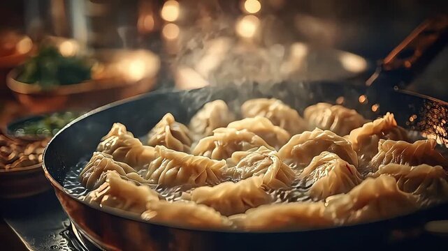 A close-up view of dumplings simmering in a pan, creating a warm and inviting atmosphere. Ideal for food blogs, menus, or advertising restaurant speci