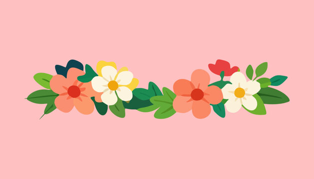 A vibrant floral arrangement of colorful flowers and lush green leaves on a soft pink background viewed from directly above