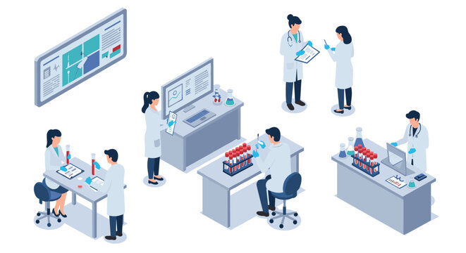 Medical laboratory researchers working on experiments in a modern isometric lab setting