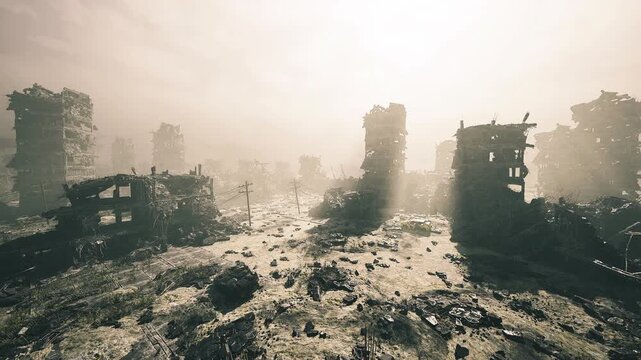 Sunset ruins linger. Evening light highlights deserted city scenes with shadows. Dusk bathes abandoned structures in warm hues and stark silhouettes