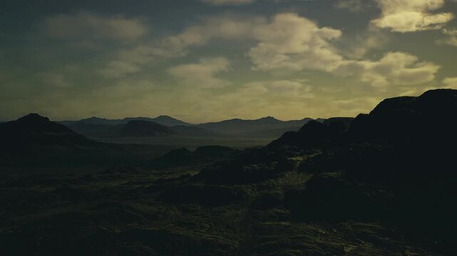 Vast rugged expanse with distant mesas under fading light, layered ridgelines and rocky outcrops cut silhouette against amber sky remote wilderness mood,