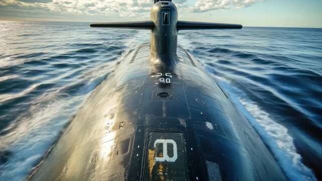 A submarine cruising through calm waters with no signs of land or human activity