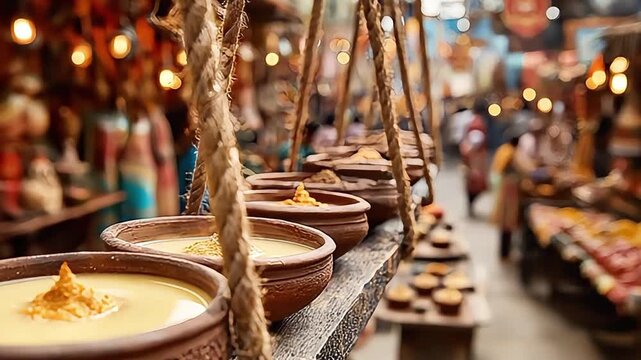 Warm golden lighting highlights a display of handcrafted pottery at a bustling market. Ideal for illustrating cultural experiences, artisanal goods, o