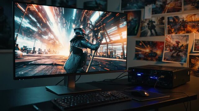 Medium shot of a creative AIassisted workstation displaying dynamic camera angle suggestions for an intense action sequence with vibrant storyboards blurred in the background.