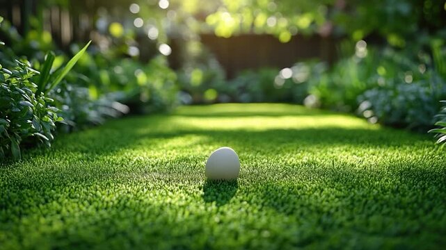 A single white egg sits atop a lush green field, perfect for Easter or spring-themed uses