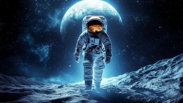 Picture of astronaut - man or woman in suit with helmet walking on alien planet