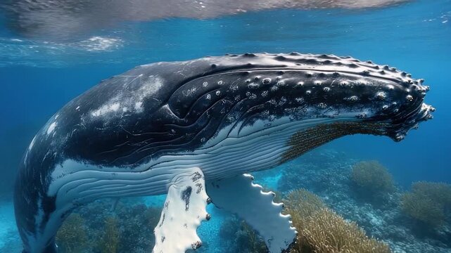 A humpback whale swims through the ocean, with sunlight filtering down from above