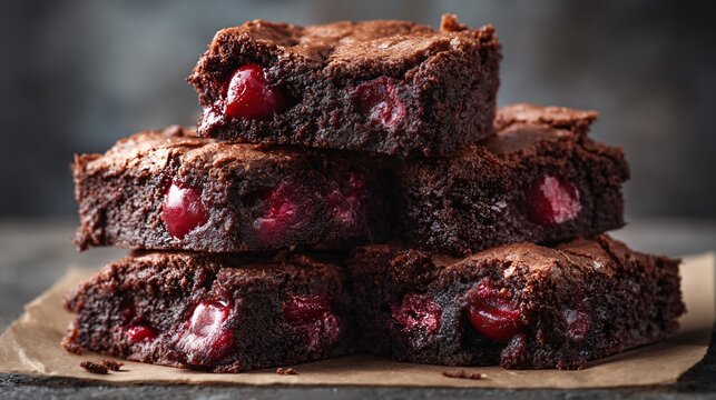 Cherry brownies stacked unevenly for homemade feel, photographed on parchment-lined tray