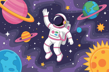 Fototapeta premium A cartoon astronaut floats in the vast darkness of outer space while waving a hand. The background is filled with colorful planets, bright stars, and a large sun. 