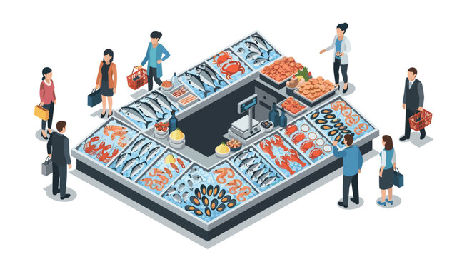 Isometric seafood market scene with customers and fresh produce display