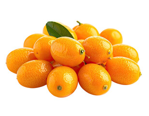 A pile of ripe, oval, orange citrus fruits with textured skin and green leaves