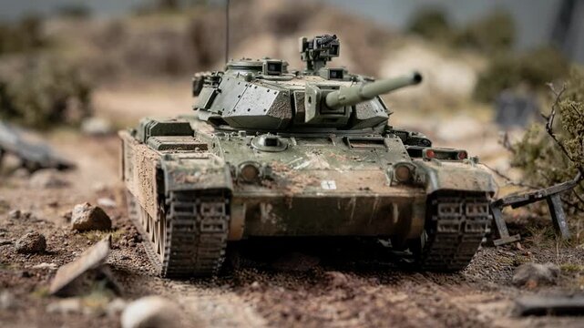 Medium shot featuring a detailed miniature military tank in crisp focus surrounded by outoffocus terrain and foliage enhancing a warzone simulation in scaled model filming.