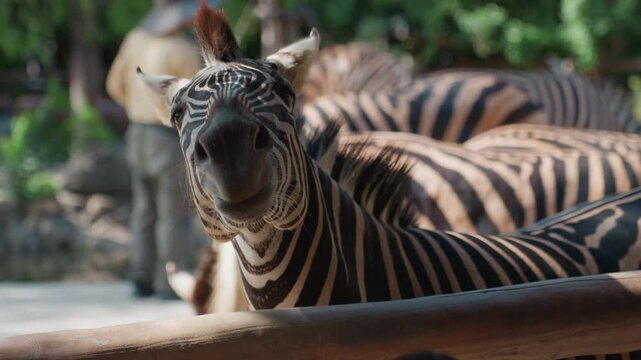 Curious zebra leaning over wooden rail with playful nose reaching forward, juvenile animal in shaded zoo walkway as zookeeper stands behind intimate facial detail, soft midday light, striped pattern