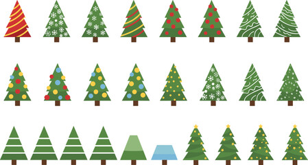 Large set of flat vector Christmas tree icons with various decorations, ornaments, snowflakes, and stars for winter holiday greeting cards and festive designs © Atabur