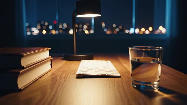 Focused learning setup captured at night with a single adjustable desk lamp casting a warm circular pool of light onto an organized study surface, minimal objects including stacked books, wireless